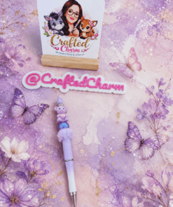 Purple teddy bear with heart pen